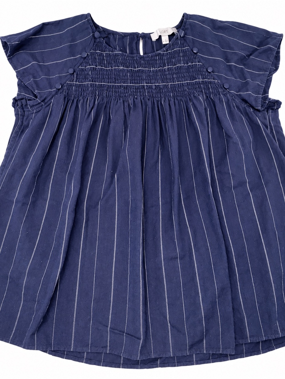 LOFT Navy Blue White Striped Smocked Babydoll Tunic Top Short Sleeve Women